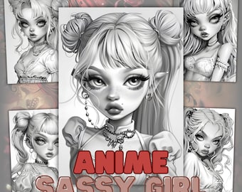 アニメの生意気な女の子の塗り絵：31 グレースケール ページ（即時ダウンロード）