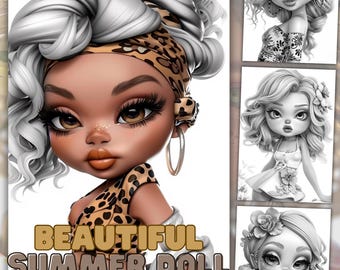 Summer Doll Coloring Book, Grayscale Illustration, 32 Pages (Digital Download)