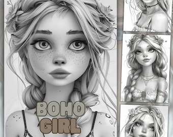 Boho Girl Coloring Book: 32 Grayscale Pages (Instant Download)