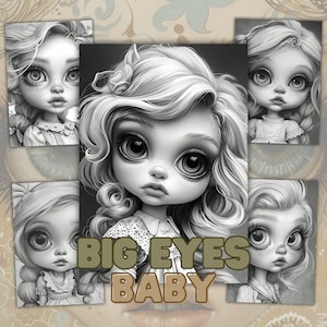 Big Eyes Girls Coloring Book: 33 Grayscale Pages (Instant Download)