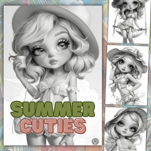 24 Summer Cuties Graustufen Malseiten, Frau Malbuch, süßes Malbuch, Erwachsene und Kinder, sofortiger Download