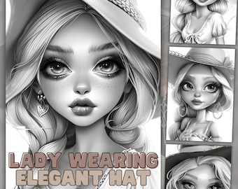 Elegante Dame mit Hut Malbuch: 35 Graustufen (Instant Download)