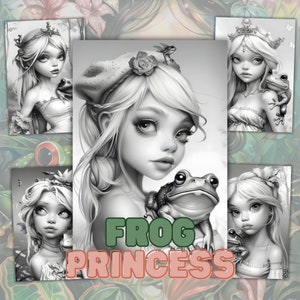 Graustufen-Malbuch, 42 Malseiten der Froschprinzessin, Malseite für Mädchen, süßes Malbuch, Erwachsene und Kinder, sofortiger Download