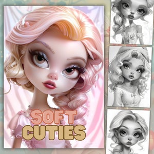 Graustufen Malbuch, 26 Soft Cuties Malseiten, niedliches Malbuch, Erwachsene und Kinder, sofortiger Download