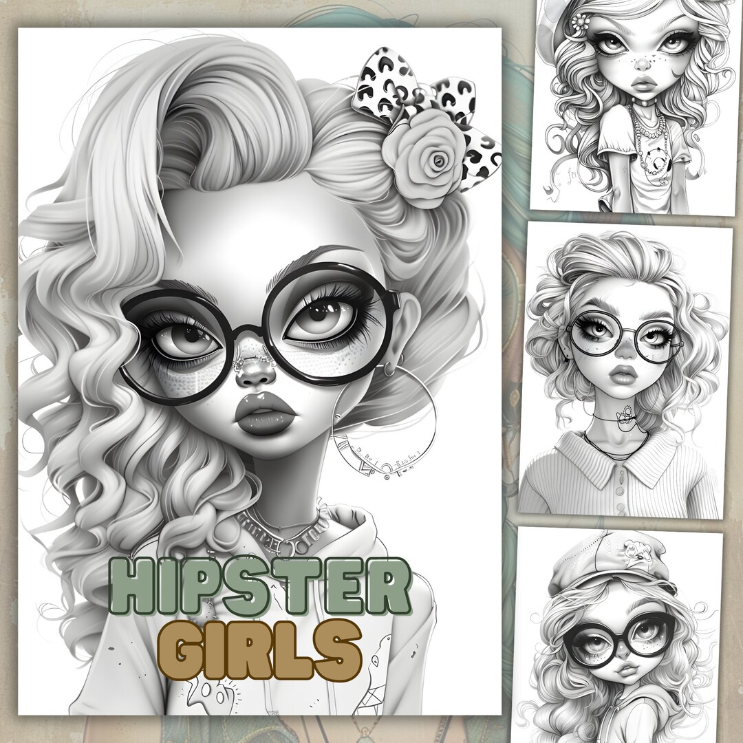 Hipster Girl Grayscale Coloring Book, 28 Colouring Pages, Adults and ...