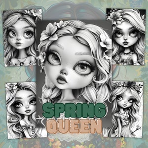 Grayscale Coloring Book, 41 Spring Queen Colouring Pages, Girl Coloring Page, Cute Coloring Book, Adults And Kids, Instant Download