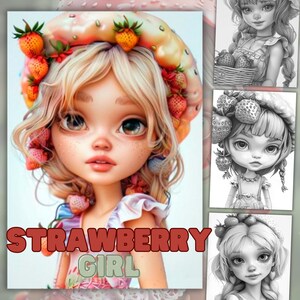 Livre de coloriage en niveaux de gris, 26 pages à colorier Strawberry Girl, joli livre de coloriage, adultes et enfants, téléchargement immédiat