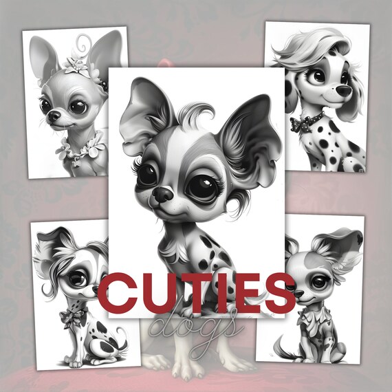 Dog Coloring Book, 31 Grayscale Puppy Pages (Digital Download)
