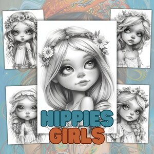 Graustufen-Malbuch, 57 Hippie-Mädchen-Malseiten, Mädchen-Malseite, süßes Malbuch, Erwachsene und Kinder, sofortiger Download