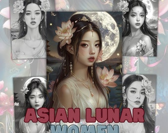 Asian Lunar Women Coloring Pages: Grayscale Girls (Digital Download)