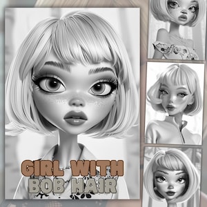 Coloriages de La fille aux cheveux Bob : livre imprimable en niveaux de gris (téléchargement instantané)