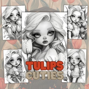 Graustufen-Malbuch, 30 Tulpen-Cuties-Malseiten, süßes Malbuch, Erwachsene und Kinder, sofortiger Download