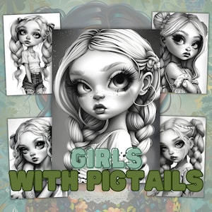 Girls With Pigtails Grayscale Coloring Book, 41 Colouring Pages, Cute Coloring Book, Adults And Kids, Instant Download