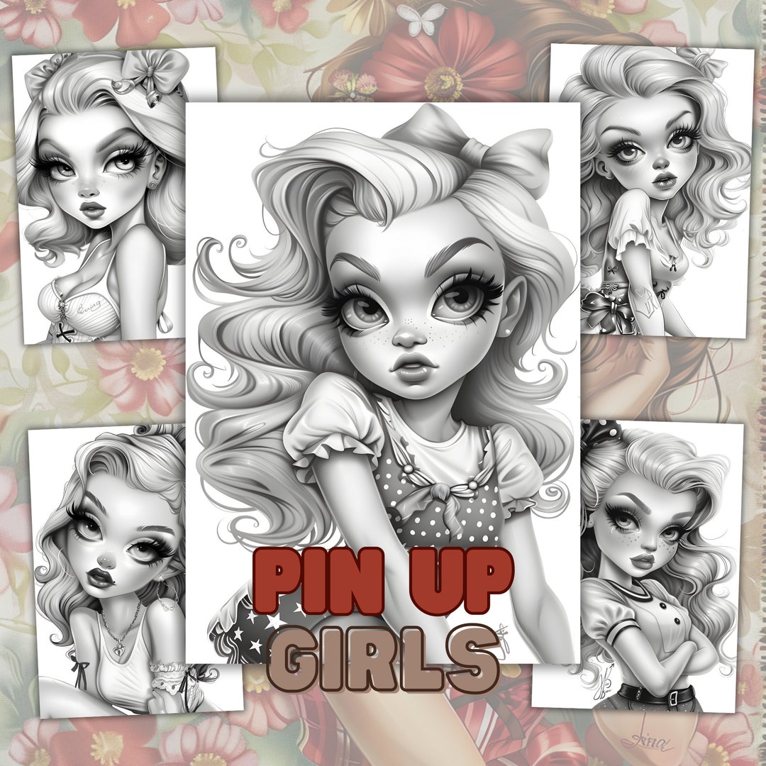 Pin up Girl Grayscale Coloring Book, 25 Colouring Pages, Girl Coloring ...