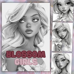34 Blumen Mädchen Graustufen Malseiten, Frau Malbuch, süßes Malbuch, Erwachsene und Kinder, sofort Download