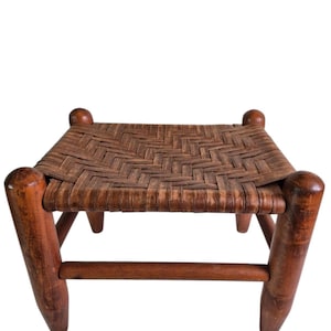 Vintage Woven Rustic Wooden Foot Stool Primitive Splint Cane