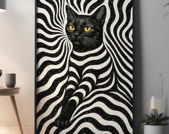 Trippy Black Cat Poster: Psychedelic Optical Illusion Wall Art (Digital Download)