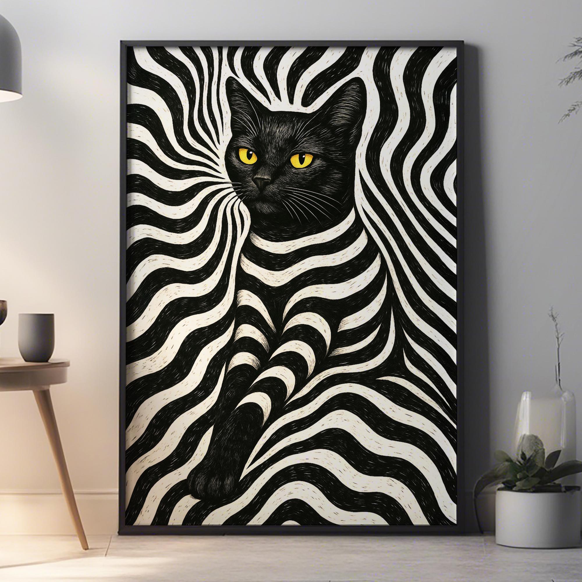 Trippy Black Cat Poster: Psychedelic Optical Illusion Wall Art