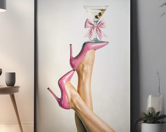 Pink Heels Martini Art Print: Girly Glam Bar Decor (Digital Download)