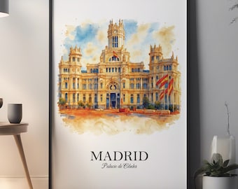Madrid Palacio de Cibeles Print: Vintage Watercolor Spain Travel Poster (Digital Download)