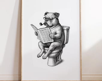 Funny Bulldog Bathroom Print: Retro Dog on Toilet Newspaper Art (Digital Download)
