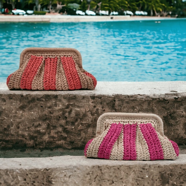 Women Striped Shell Pillow Dumpling Crossbody Bag - Handmade Straw Clutch Bag - Summer Fashion Beach Purse - Bali Pouch Cloud Bag