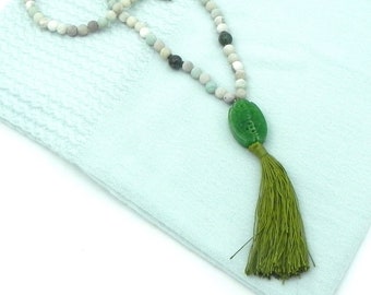 Carved Jade and Amazonite Necklace with Chartreuse Tassel