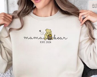 Custom Pooh Mama Bear Sweatshirt, Mama Est. Custom Sweater, Winnie The Pooh Crewneck, Custom Mama Sweatshirt, Personalized Mama