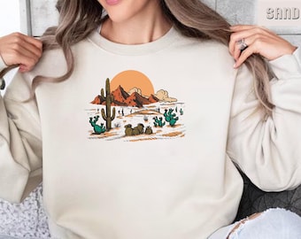 Cactus and Mountains Sweatshirt, Cactus in Desert Sweater, Western Cowboy Wild Desert Crewneck, Desert Camping Sweatshirt, Western Cowgirl