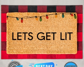 Lets Get Lit Christmas Coir Doormat, Holiday Porch Decor
