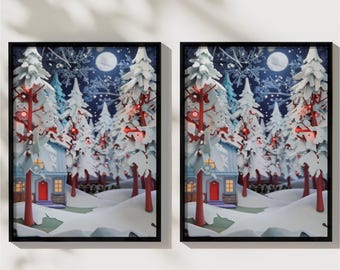 Christmas Forest Wall Decor, Christmas Snowy Photo Frame, Xmas Decor