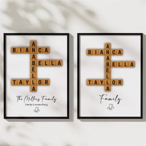 May include: Two framed prints with the names Bianca, Bella, and Taylor spelled out in a crossword puzzle style using wooden letter tiles. The first print has the text "The Millers Family" and "Family is everything." The second print has the text "Family".