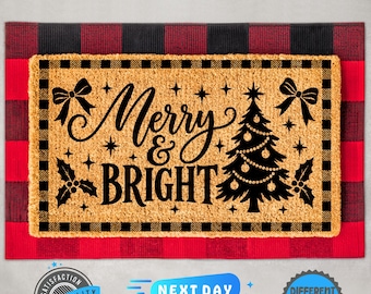 Merry and Bright Doormat with Christmas Tree, Coir Entrance Mat, Holiday Home Decor