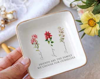 Personalized Birth Flower Trinket Dish, Jewelry Dish for Friends, Best Friend Ring Dish, Gifts for Her, Ceramic Dish, Jewelry Storage