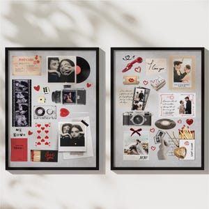 May include: Two framed collages with a romantic theme. Each features vintage photos, film strips, a camera, vinyl records, hearts, and postcards. One collage includes the text "My Love" and "Love you."