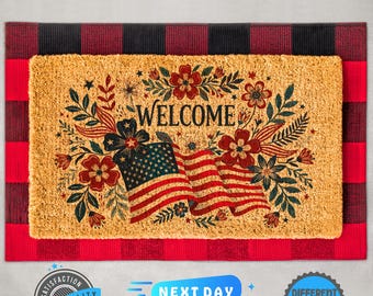 Floral Welcome Doormat, Patriotic Veteran Gift, Coir Doormat