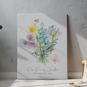 May include: A watercolor painting of a bouquet of flowers with a bee, butterfly, and the text "Our Family Garden" with the names Chris, Bella, Lilly, and Alice.