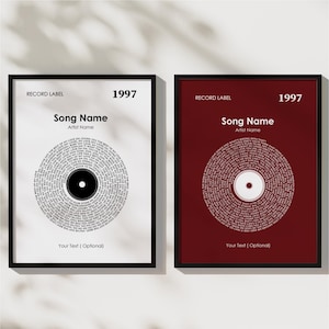 May include: Two printable posters with a record design. The posters are black and white and red. The text on the posters reads "Record Label", "Song Name", "Artist Name", "1997", and "Your Text (Optional)".