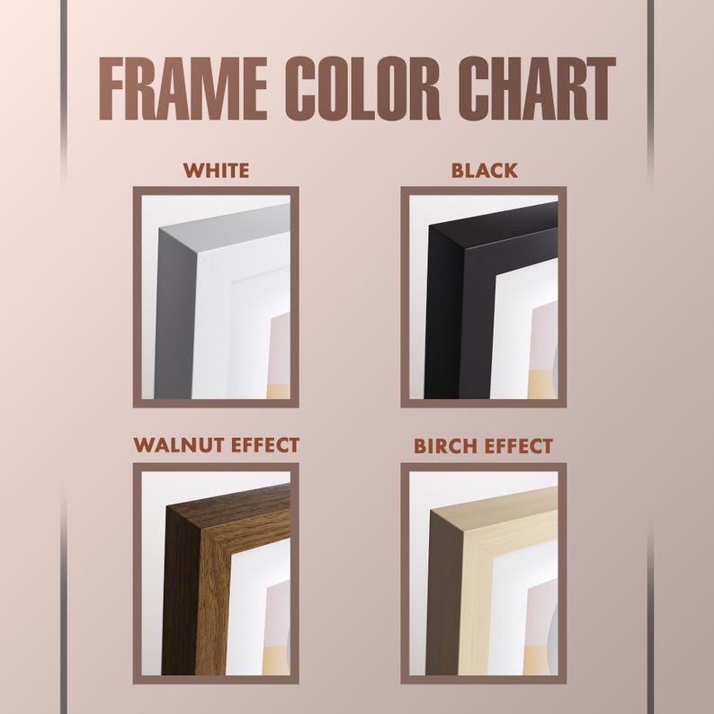 Pu&ograve; includere: Tabella dei colori delle cornici che mostra quattro diverse opzioni di cornici: bianco, nero, effetto noce e effetto betulla. Ogni cornice &egrave; mostrata con un passe-partout bianco e uno sfondo bianco.