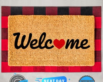 Welcome Doormat, Apartment Doormat, Indoor Doormat, Housewarming Gift, Love Doormat, Valentine's Day, Cute Doormat, Red Heart Doormat