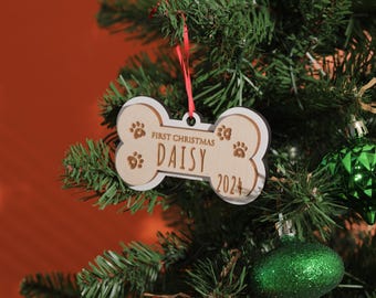 Custom Dog Name Ornament, Christmas Gift, Laser Cut Ornament, Holiday Ornaments, Dog Bone Ornament, Christmas Ornament, Wooden Ornament