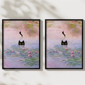 May include: Two framed prints of a black cat with yellow eyes peeking out of a water lily pond, inspired by Claude Monet's Water Lilies paintings.