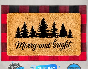 Merry And Bright Doormat, Christmas Decor, Holiday Gift, Holiday Decor, New Home Decor, Closing Gift, Front Door Mat, Christmas Tree