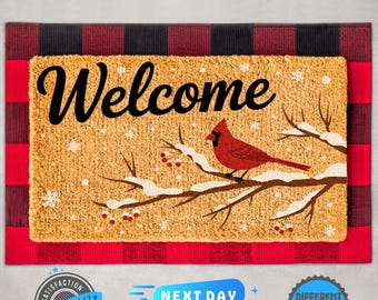Cardinal Bird Welcome Doormat, Winter Coir Mat, Rustic Home Decor