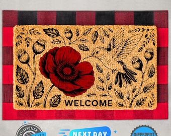 Hummingbird Poppy Coir Doormat, Floral Cottagecore Decor