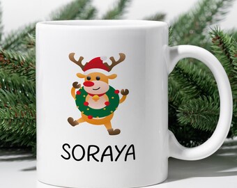 Custom Name Reindeer Coffee Mug, Xmas Holiday Gift