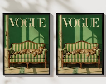 Vogue Cover Print, Cheetah on Sofa, Retro Fashion Wall Art, Living Room Decor