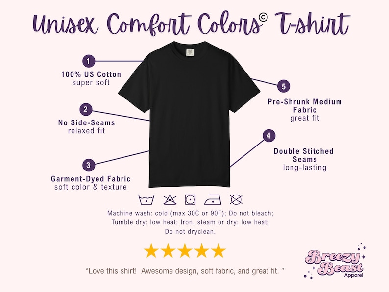 May include: Black Unisex Comfort Colors T-shirt with details on fabric, fit, and construction. Features include 100% US cotton, no side seams, garment-dyed fabric, double-stitched seams, and pre-shrunk fabric. The shirt has a crew neck and short sleeves.