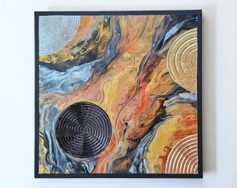 Fluid Art Painting: Metallic Orbs, Abstract Cosmic Wall Decor