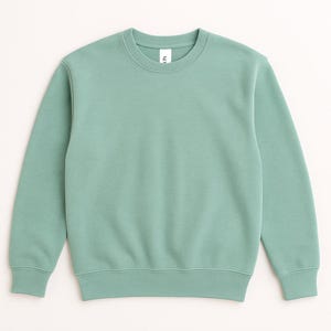 May include: A solid, mint green crewneck sweatshirt. The sweatshirt has a ribbed hem and cuffs, and a small white tag is visible on the neckline. The garment is made of a soft, comfortable material.